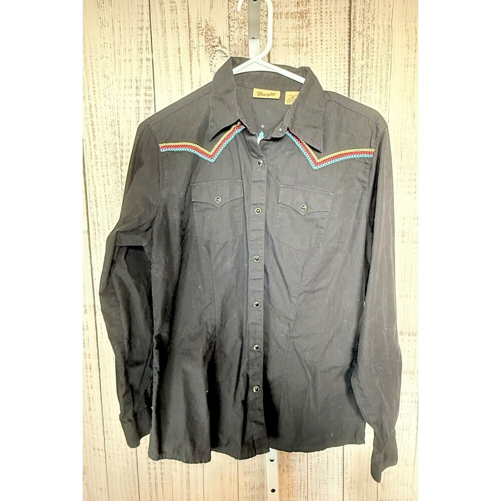 Wrangler Ladies Medium Western Shirt Black Pearl Snap Cross Stitch Cowgirl